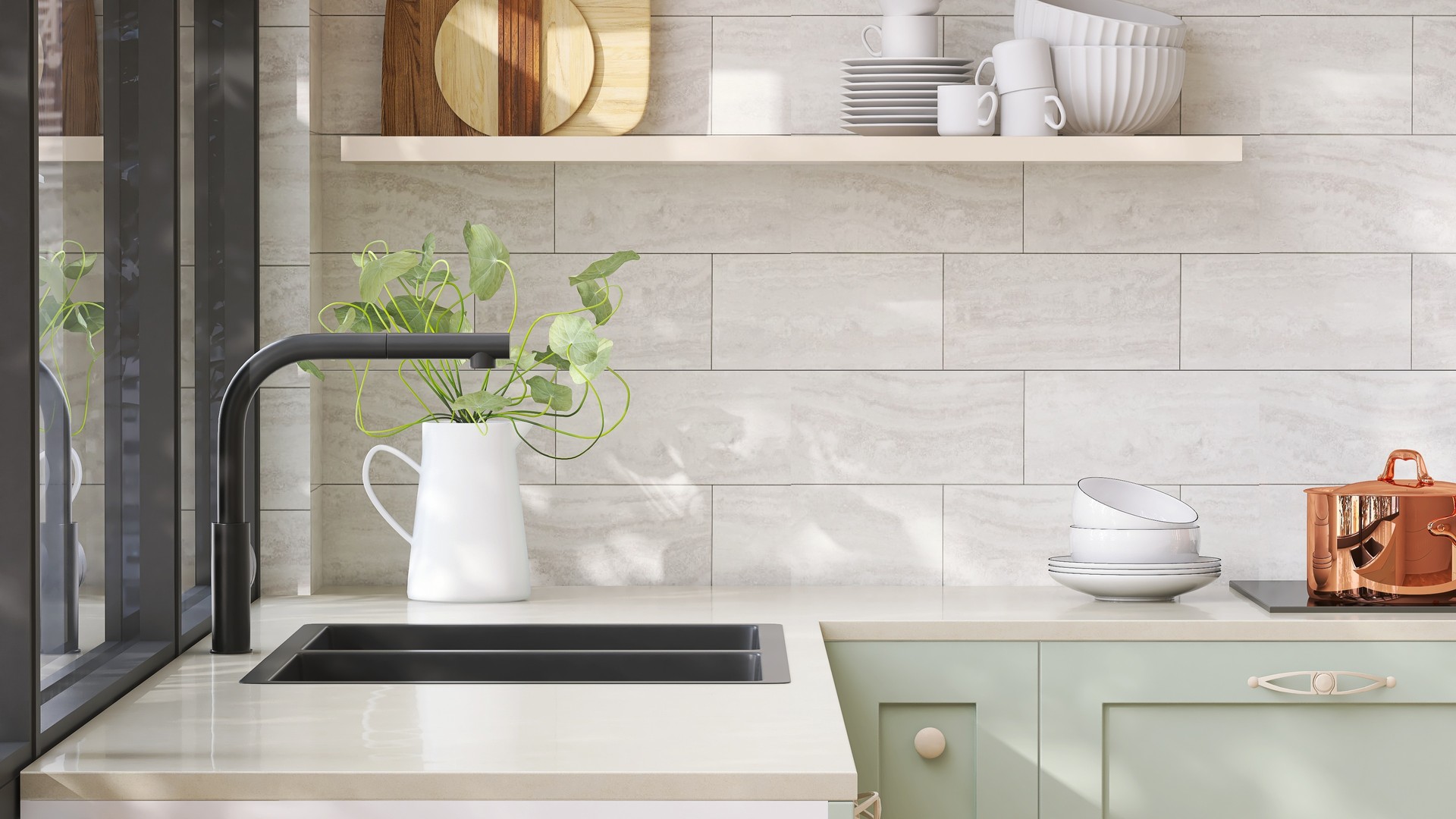 Minimal and cozy green kitchen counter with white laminated plastic top and black quartz sink with sunlight from window on wall